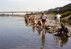 伊与田昌男撮影。羽村堰の対岸で釣りを楽しむ人びと。遠方にみえるのは撮影の前年、昭和49年（1974）に竣工した羽村大橋。
