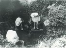 市内柏町付近を流れる砂川分水で遊ぶ子どもたちです。玉川上水完成の3年後に引かれた砂川分水は、生活用水として使われるとともに、かつては子どもたちの遊び場でもありました。